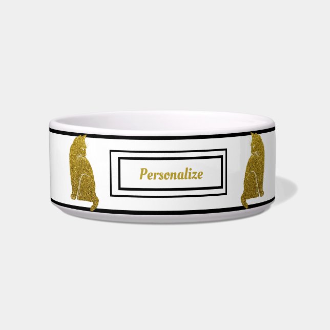 Elegant Gold Black Silhouette Feline Cat Bowl (Front)