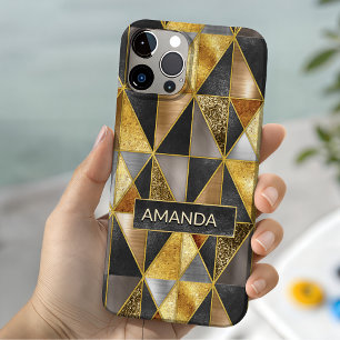 Elegant gold black silver geometric triangles iPhone 15 case