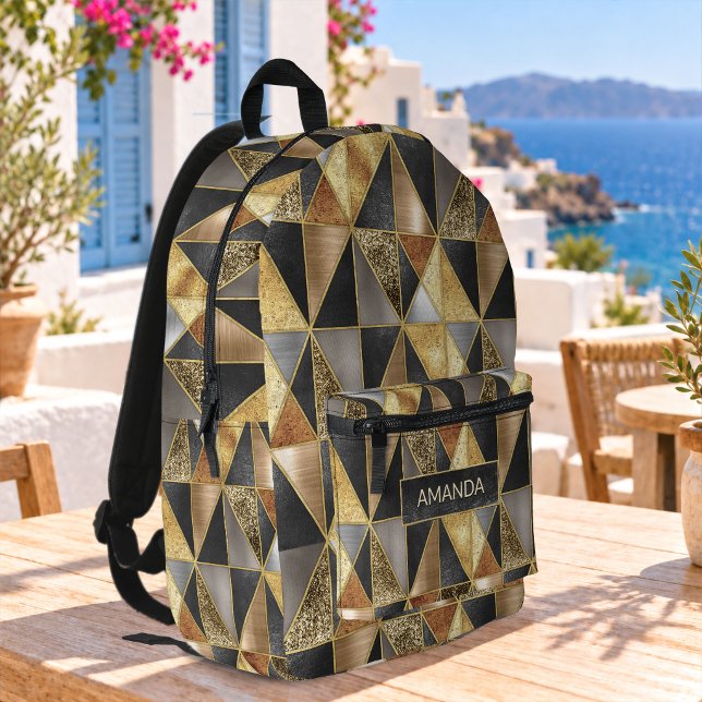Elegant gold black silver geometric triangles printed backpack (Creator Uploaded)
