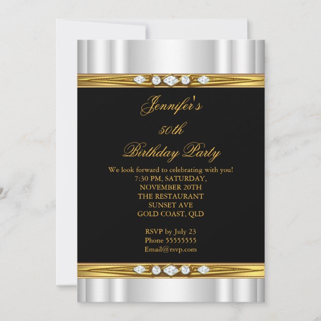 Elegant Gold Black Silver Silk Diamond Birthday Invitation (Front)
