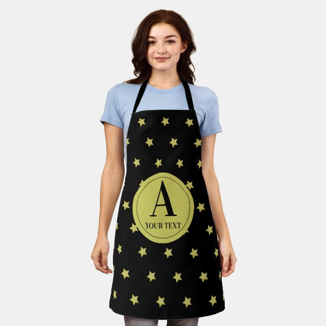 Elegant Gold & Black Star Pattern Monogram Apron (Worn)