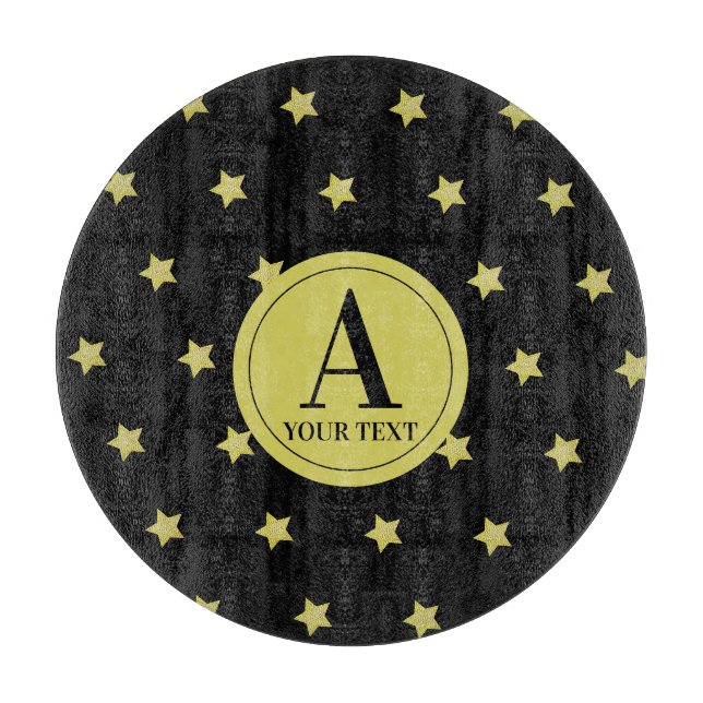 Elegant Gold & Black Star Pattern Monogram Cutting Board (Front)