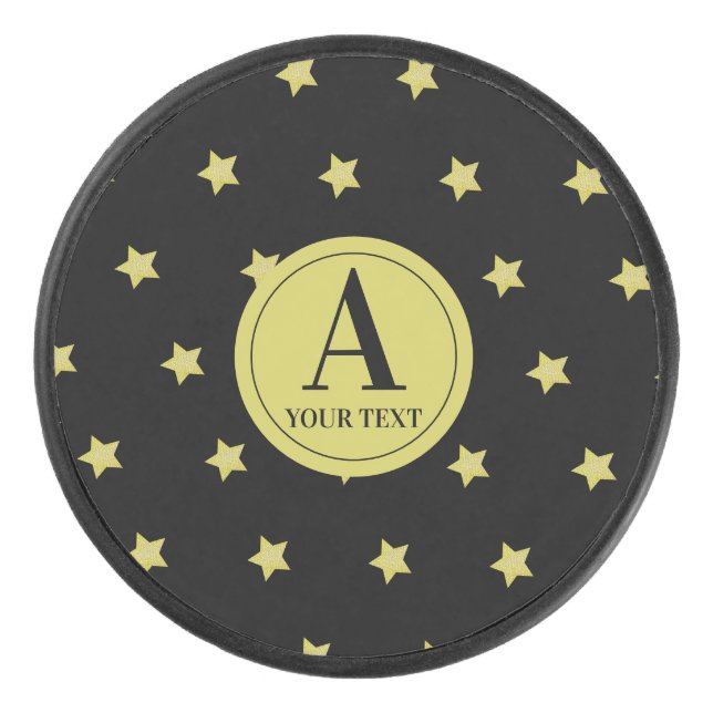 Elegant Gold & Black Star Pattern Monogram Hockey Puck (Front)