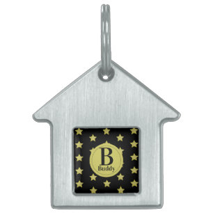 Elegant Gold & Black Star Pattern Monogram Pet ID Tag