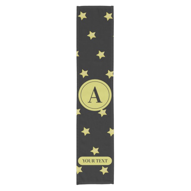 Elegant Gold & Black Star Pattern Monogram Short Table Runner (Front)