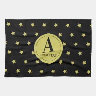 Elegant Gold & Black Star Pattern Monogram Tea Towel