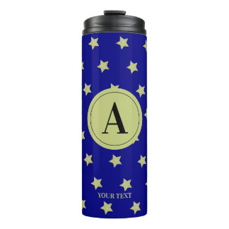 Elegant Gold & Black Star Pattern Monogram Thermal Tumbler