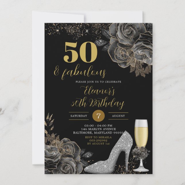 Elegant Gold Black Stiletto Woman Birthday  Invitation (Front)