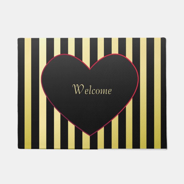Elegant Gold Black Stripes Heart Personalise Doormat (Front)