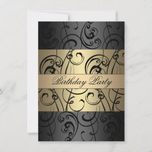 Elegant Gold & Black Swirl Birthday Invitation