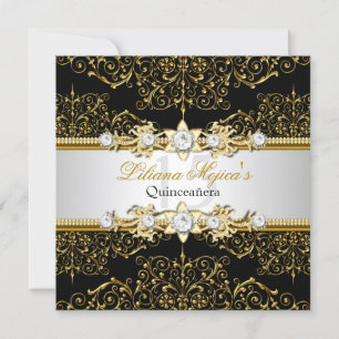 Elegant Gold & Black Swirl Damask Quinceanera Invitation