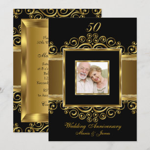 Elegant Gold & Black Swirl Photo 50 Anniversary Invitation