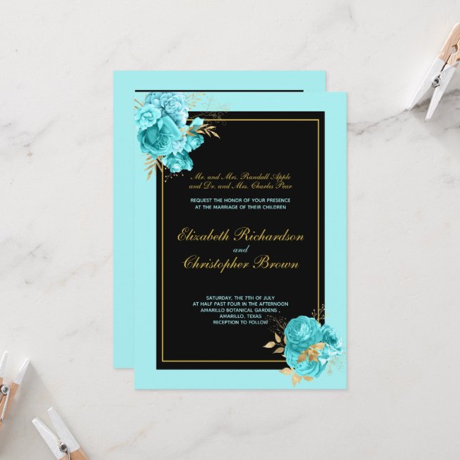 Elegant Gold Black Teal Floral Wedding Parents Invitation (Front/Back In Situ)