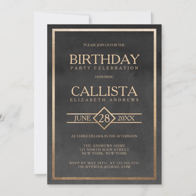 Elegant Gold Black Watercolor Frame Birthday Invitation (Front)