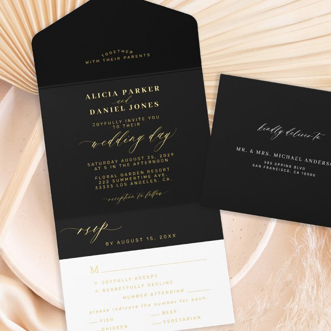 Elegant gold black wedding foil all in one invitation (Creator Uploaded)
