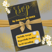 Elegant Gold & Black Wedding RSVP Card with Floral