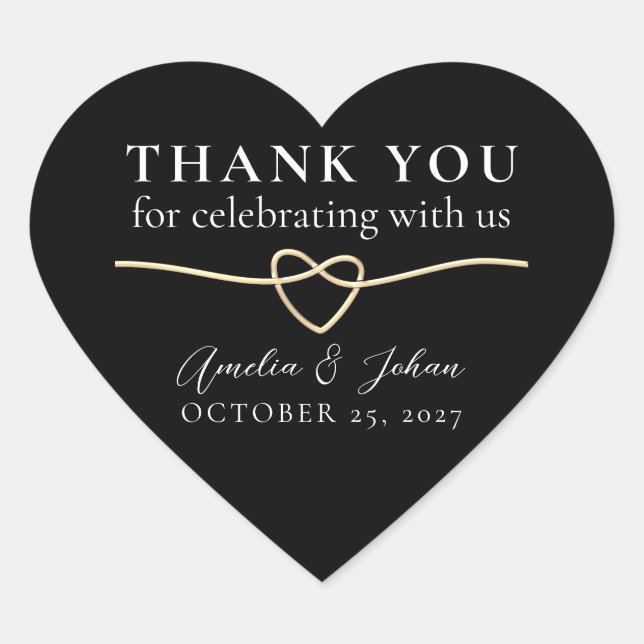 Elegant Gold Black Wedding Thank You Heart Sticker (Front)