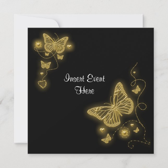 Elegant gold black white butterfly swirls invitation (Front)