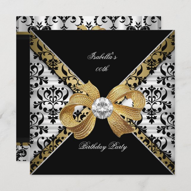 Elegant Gold Black White Damask Diamond Party Invitation (Front/Back)