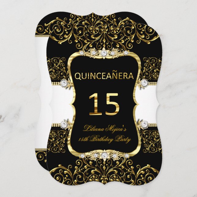Elegant Gold Black White Glamour Quinceanera Invitation (Front/Back)