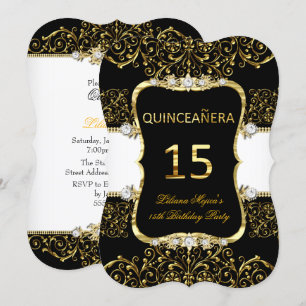 Elegant Gold Black White Glamour Quinceanera Invitation