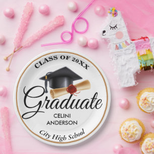 Elegant Gold, Black & White graduation Party Paper Plate