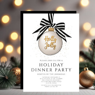 Elegant Gold Black & White Holiday Dinner Party Invitation