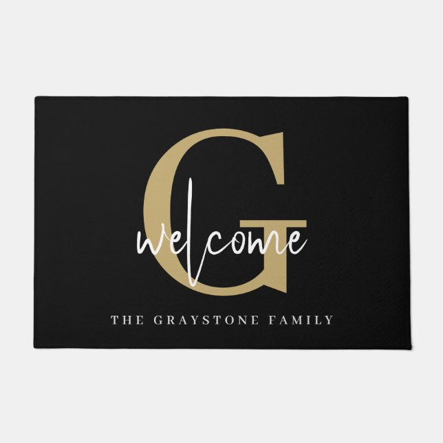 Elegant Gold Black White Monogram Family Welcome Doormat (Front)
