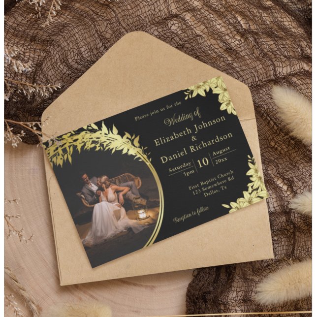 Elegant Gold, Black With Lilies Photo Wedding Invitation (Creator Uploaded)