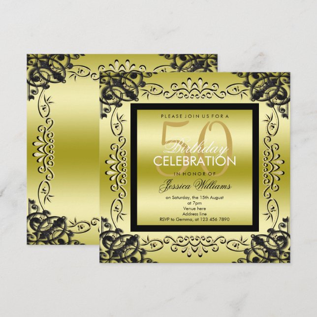 Elegant Gold & Black Women's 50th Birthday Invitation (Front/Back)