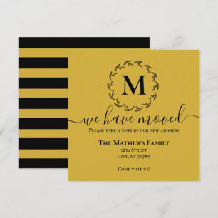Elegant Gold Black Wreath Monogram We Have Moved Announcement