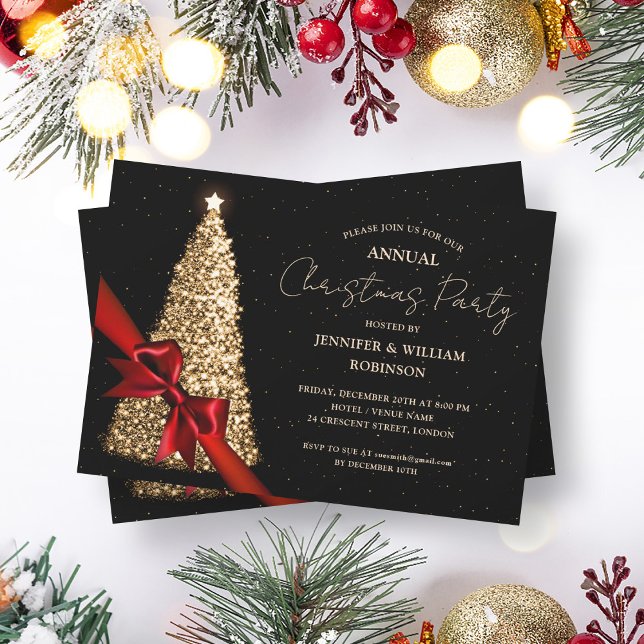 Elegant Gold Black Xmas Tree Ribbon Holiday Party Invitation (Elegant Gold Black Xmas Tree Ribbon Holiday Party Invitation)