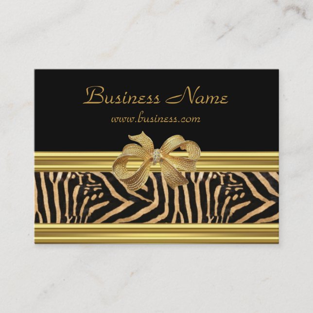 Elegant Gold Black Zebra Stripe Gold Bow Business Card (Front)
