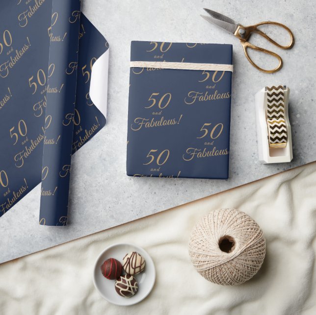 Elegant Gold Blue 50 Fabulous Birthday Wrapping Paper (Crafts)