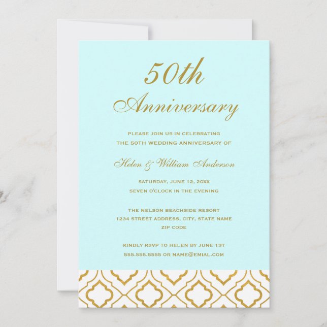 Elegant Gold & Blue 50th Wedding Anniversary Invitation (Front)