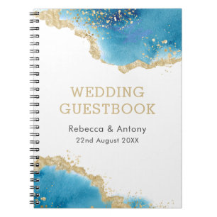 Elegant Gold Blue Abstract Ocean Wedding Guestbook Notebook