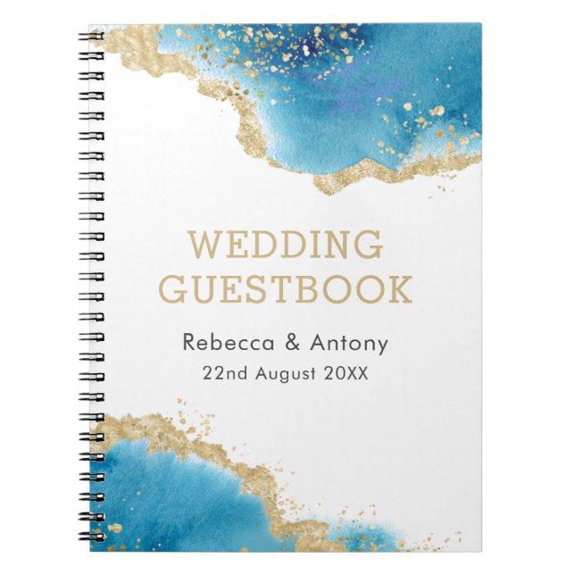 Elegant Gold Blue Abstract Ocean Wedding Guestbook Notebook (Front)