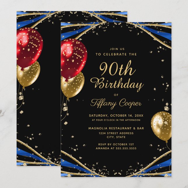 Elegant Gold Blue Agate 90th Birthday Invitation (Front/Back)