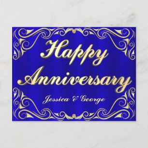 Elegant Gold & Blue Anniversary Greeting Postcard