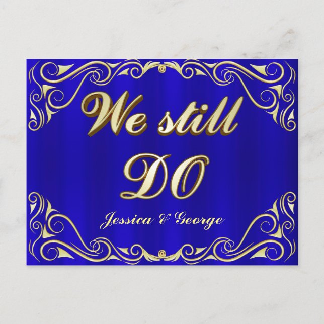 Elegant Gold Blue Anniversary Invitation Postcard (Front)