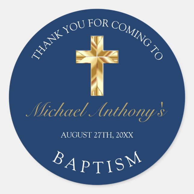 Elegant Gold Blue Baby Baptism Thank You Classic Round Sticker (Front)