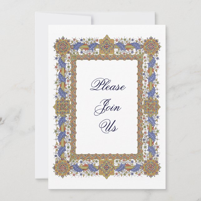 Elegant Gold & Blue Baroque Party Invitations (Front)