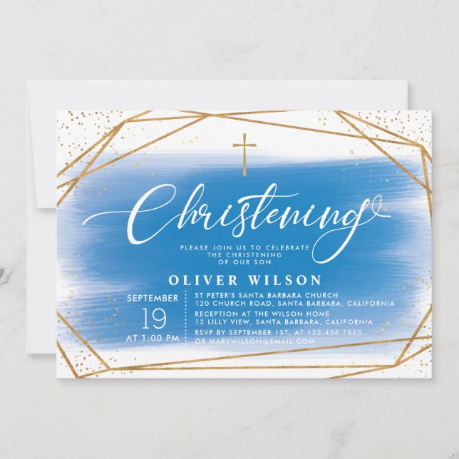 Elegant Gold & Blue Boy Christening Invitation (Front)