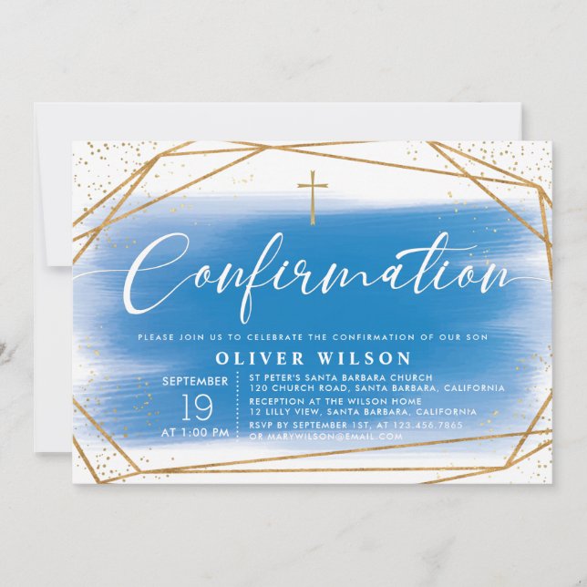 Elegant Gold & Blue Boy Confirmation Invitation (Front)