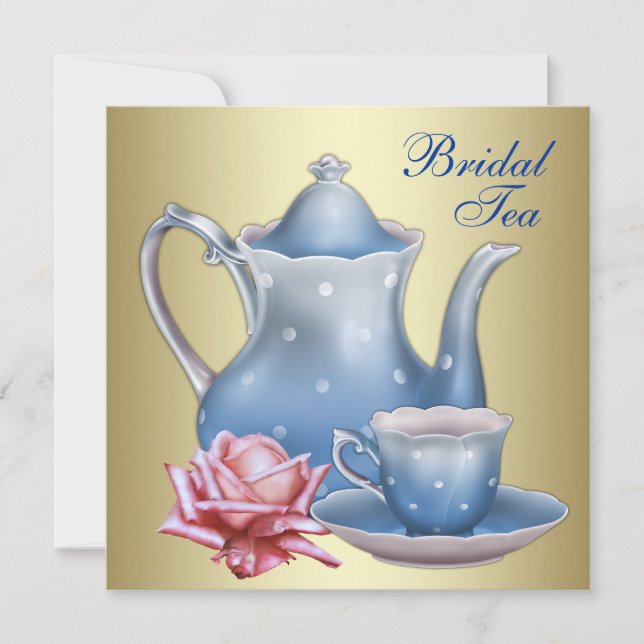Elegant Gold Blue Bridal Tea Party Invitation (Front)