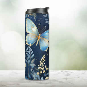 Elegant Gold Blue Butterfly Pattern on Navy  Thermal Tumbler