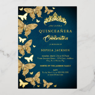 Elegant Gold Blue Butterfly Quinceanera