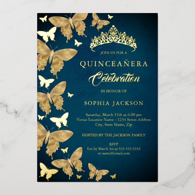 Elegant Gold Blue Butterfly Quinceanera (Front)