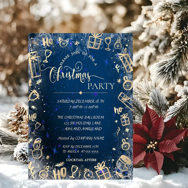 Elegant Gold Blue Company Christmas Party Invitation (Creator Uploaded)