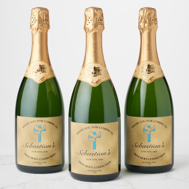 Elegant Gold Blue Cross Dove 1st Communion Sparkling Wine Label (Bottles)
